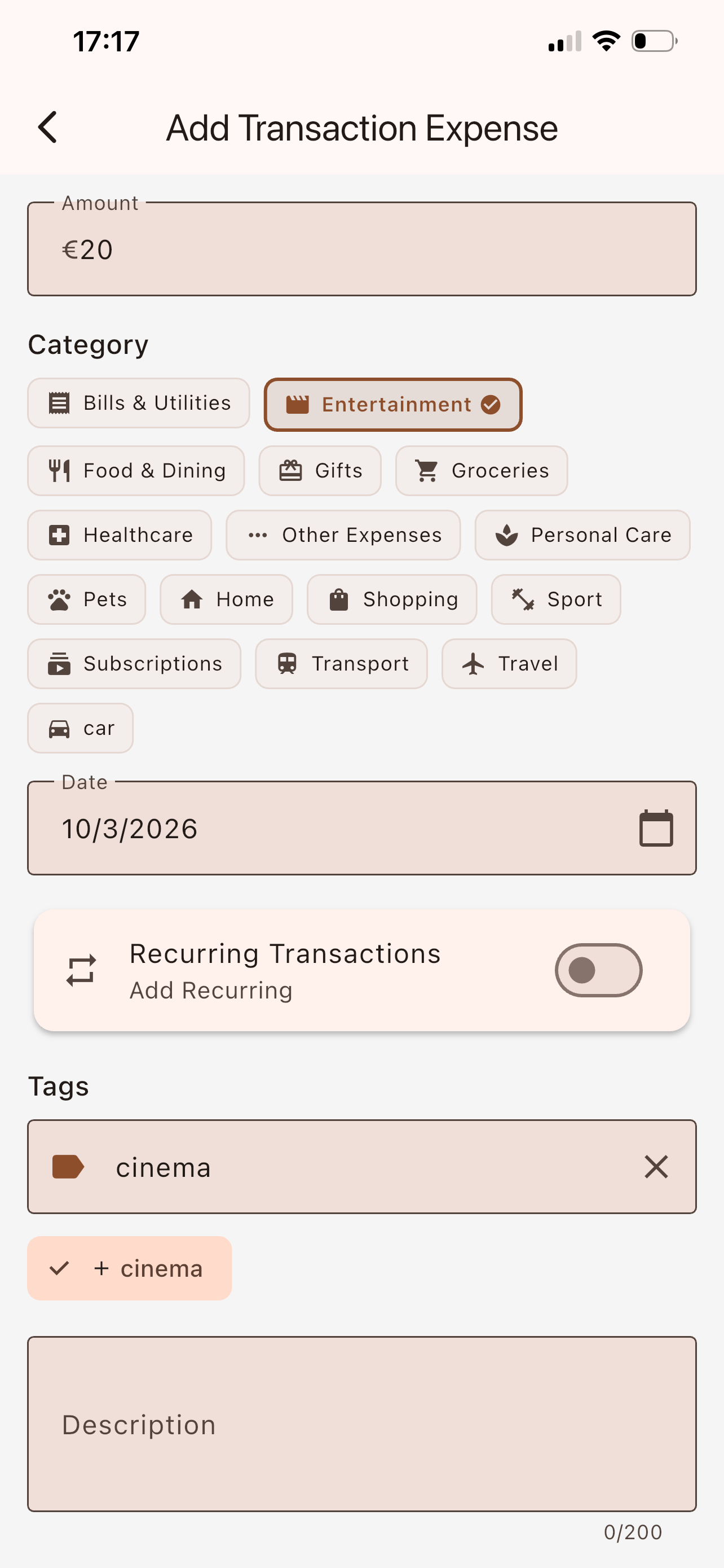 Add transaction screen