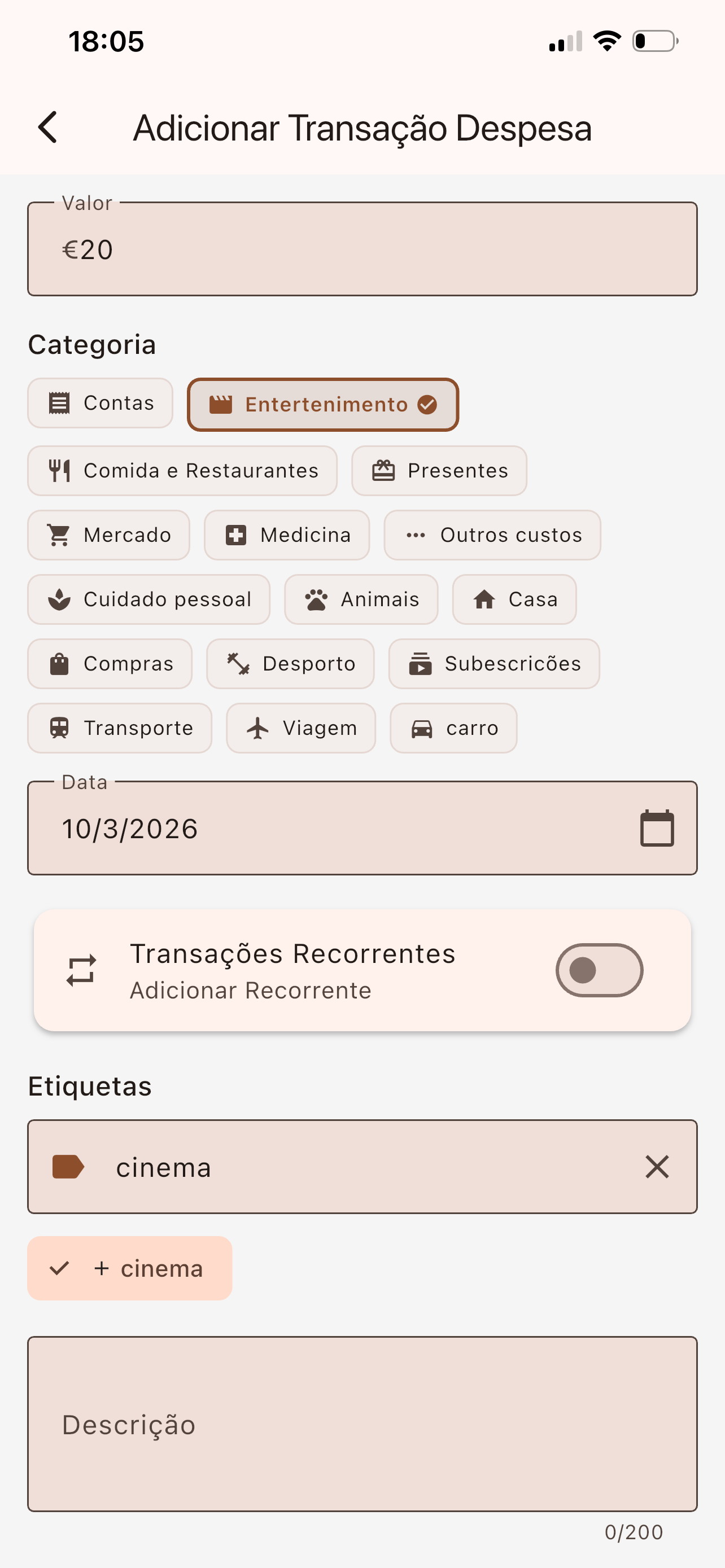 Add transaction screen